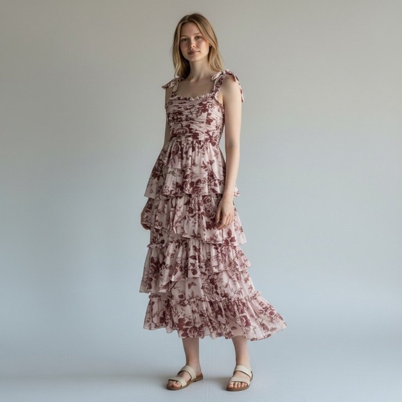 Alemais Floral Tiered Midi Dress Square Neck Tie Shoulder Pink Burgundy